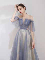 A Line Tulle Blue Prom Dress Long Sequin Graduation Dress Evening Dress
