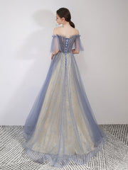 A Line Tulle Blue Prom Dress Long Sequin Graduation Dress Evening Dress