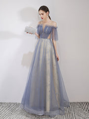 A Line Tulle Blue Prom Dress Long Sequin Graduation Dress Evening Dress