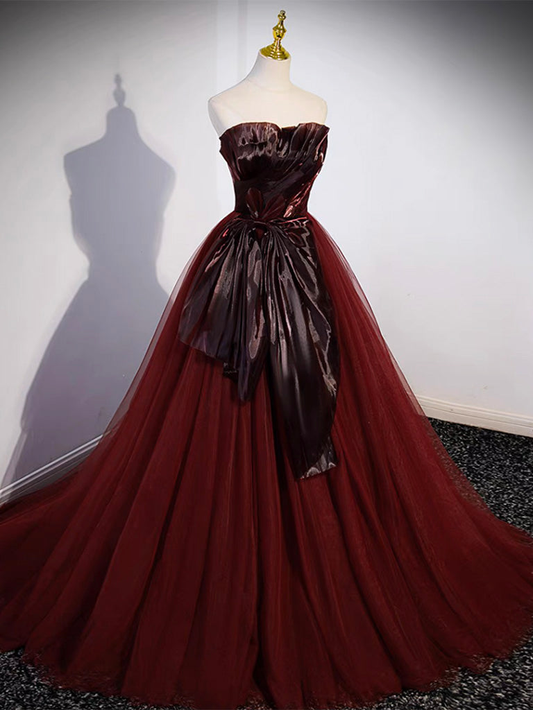 A Line Tulle Burgundy Prom Dress Long Formal Dress Evening Dress