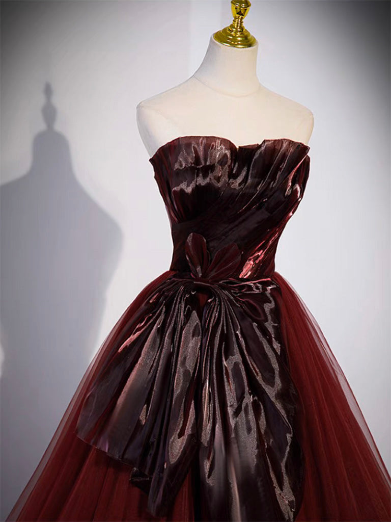 A Line Tulle Burgundy Prom Dress Long Formal Dress Evening Dress
