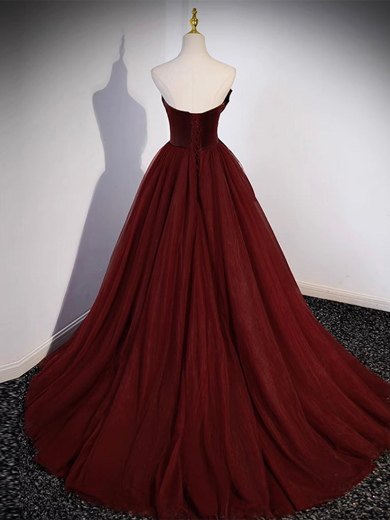A Line Tulle Burgundy Prom Dress Long Formal Dress Evening Dress