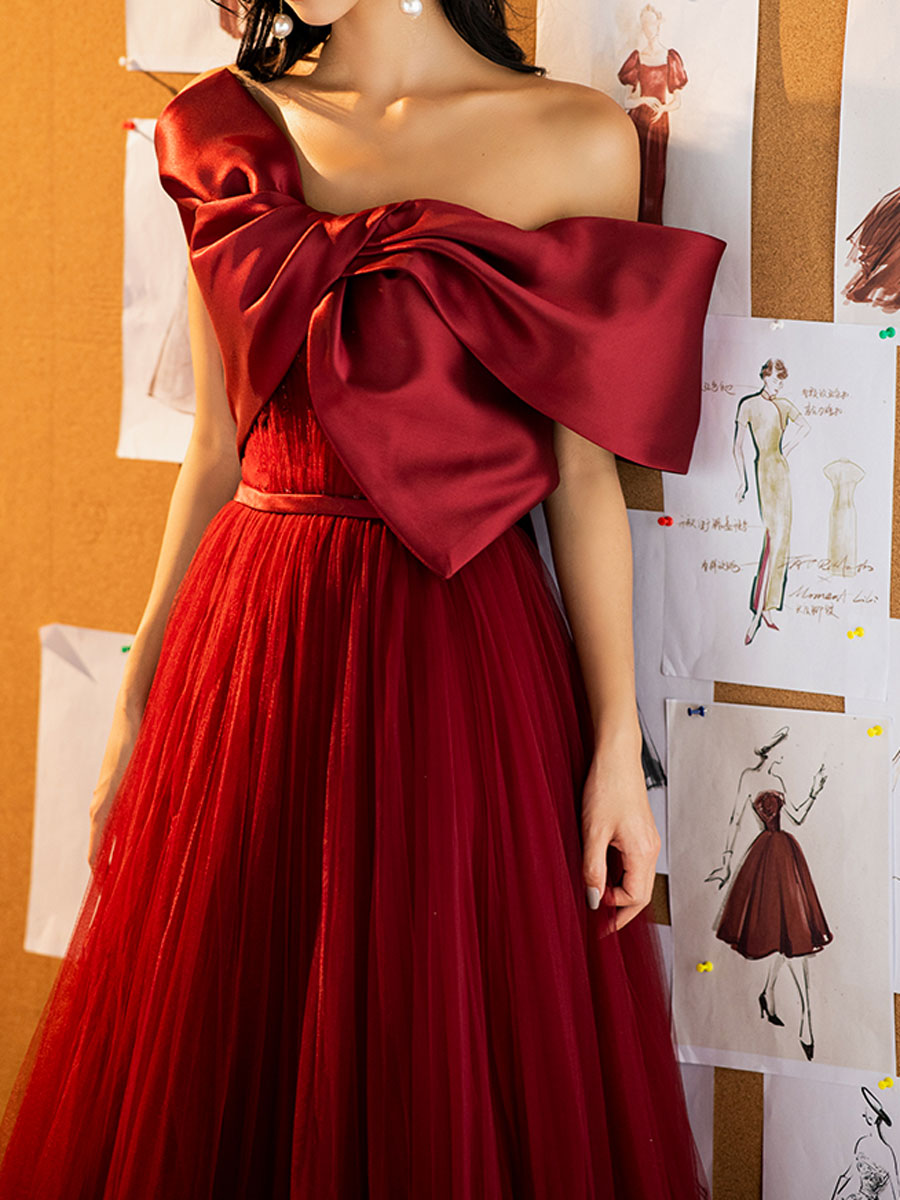 A Line Tulle Burgundy Prom Dress Long Formal Evening Dress