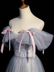 A Line Tulle Gray Prom Dress Blue Prom Dress Long Formal Gown Evening Dress