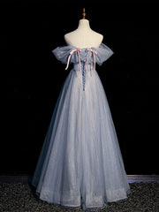 A Line Tulle Gray Prom Dress Blue Prom Dress Long Formal Gown Evening Dress