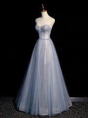 A Line Tulle Gray Prom Dress Blue Prom Dress Long Formal Gown Evening Dress