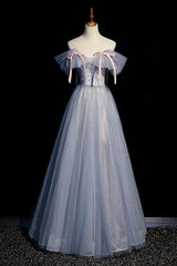 A Line Tulle Gray Prom Dress Blue Prom Dress Long Formal Gown Evening Dress