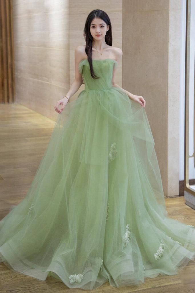 A Line Tulle Green Prom Dress Long Formal Gown Evening Dress