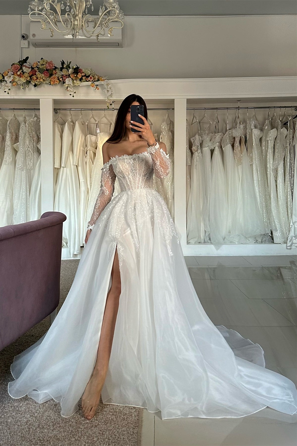 A Line Tulle Lace Strapless Long Sleeve White Wedding Dress Bridal Gown With Split Front