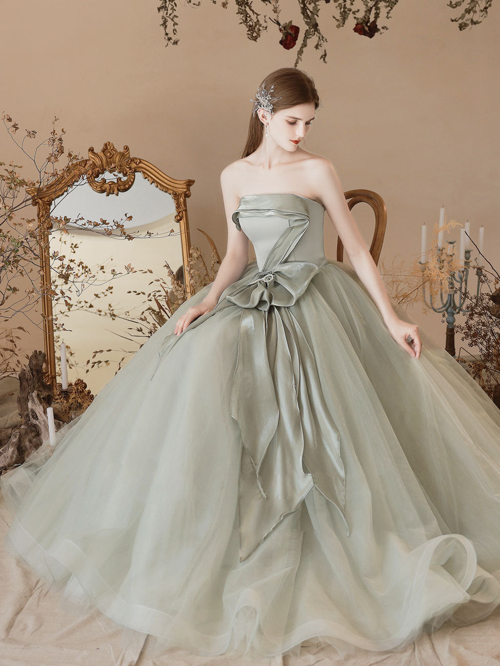 A Line Tulle Light Green Prom Dress Long Formal Gown Evening Dress