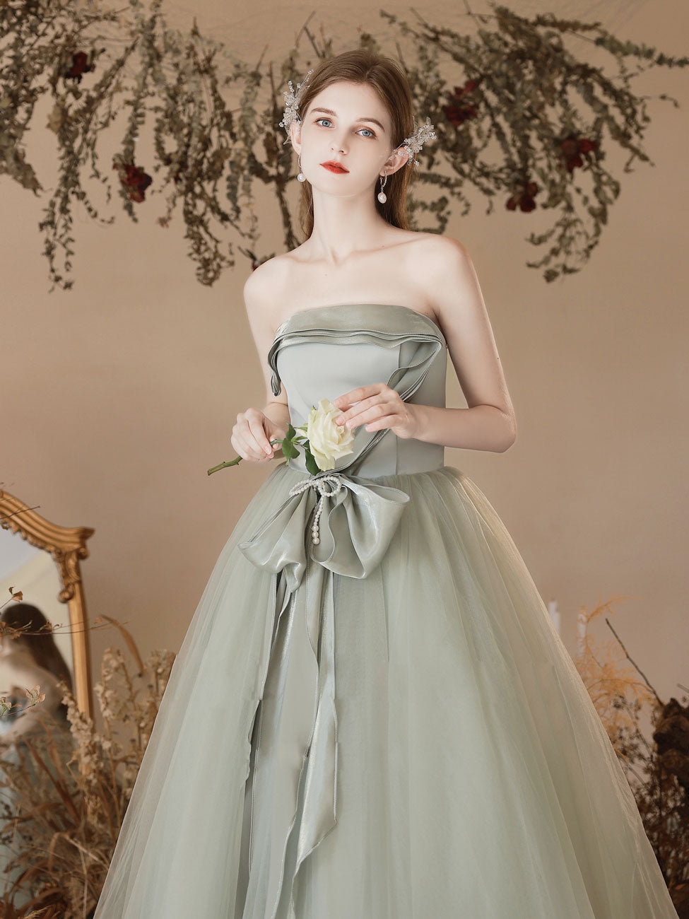 A Line Tulle Light Green Prom Dress Long Formal Gown Evening Dress
