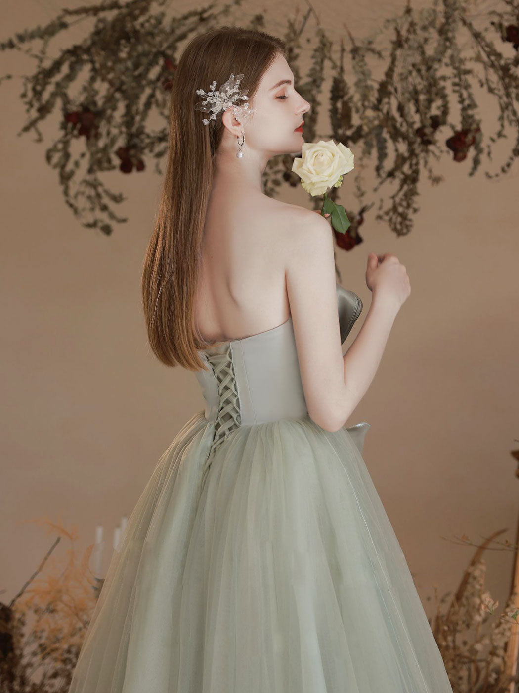 A Line Tulle Light Green Prom Dress Long Formal Gown Evening Dress