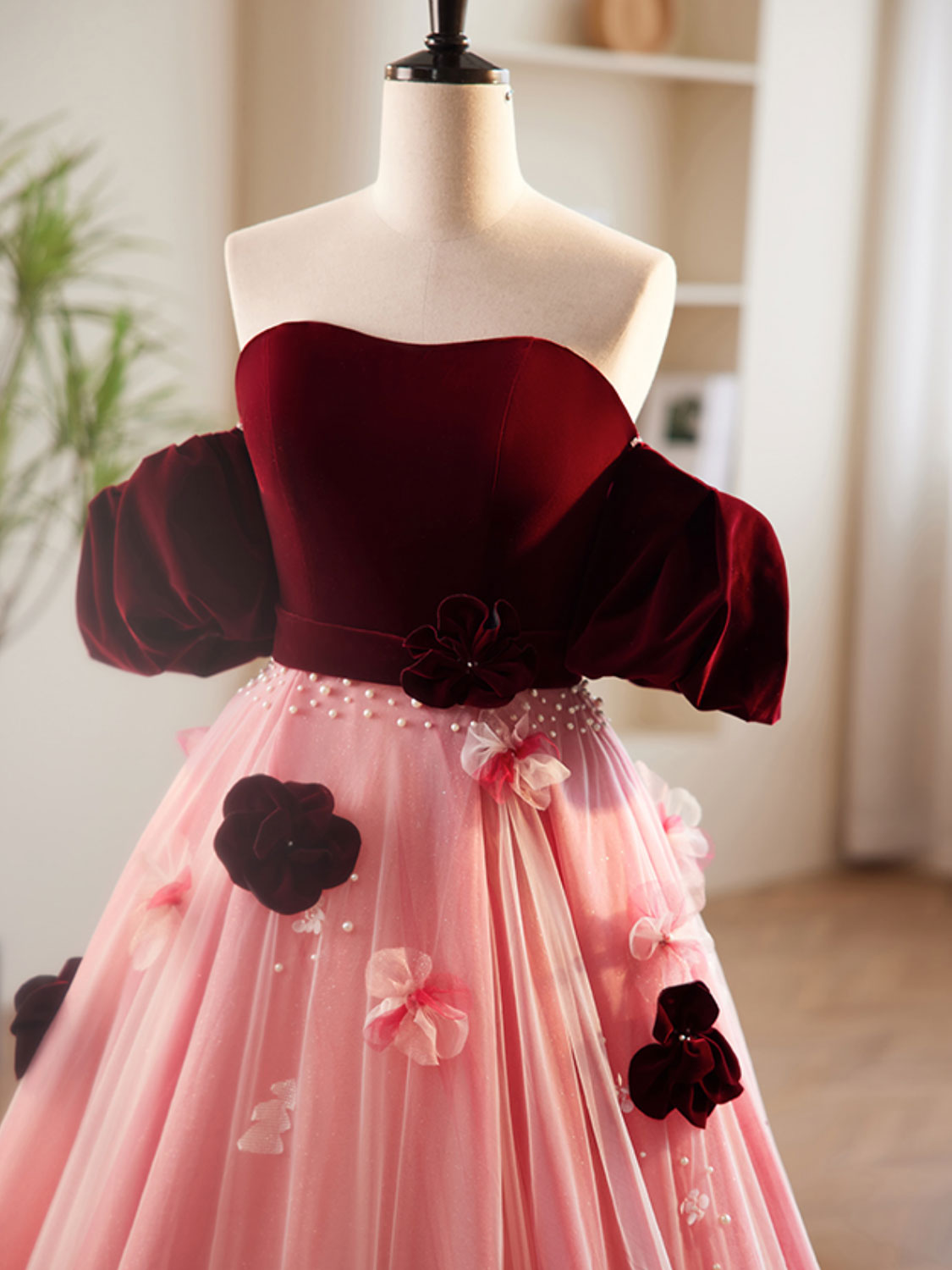 A Line Tulle Pink/Burgundy Velvet Formal Dress Long Evening Dress
