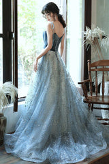 A Line Tulle Sequin Long Blue Prom Dress Formal Evening Dress