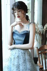 A Line Tulle Sequin Long Blue Prom Dress Formal Evening Dress