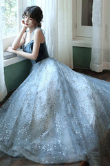 A Line Tulle Sequin Long Blue Prom Dress Formal Evening Dress