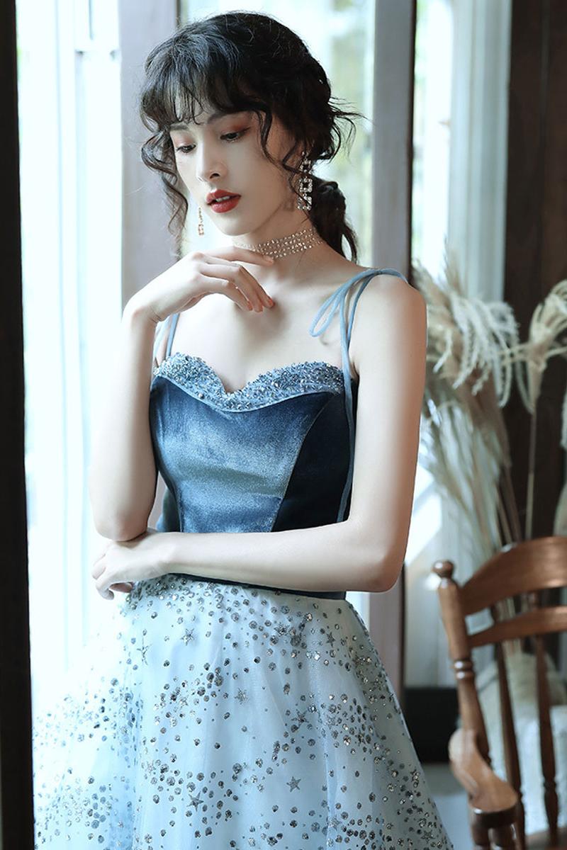 A Line Tulle Sequin Long Blue Velvet Formal Dress Christmas Party Dress