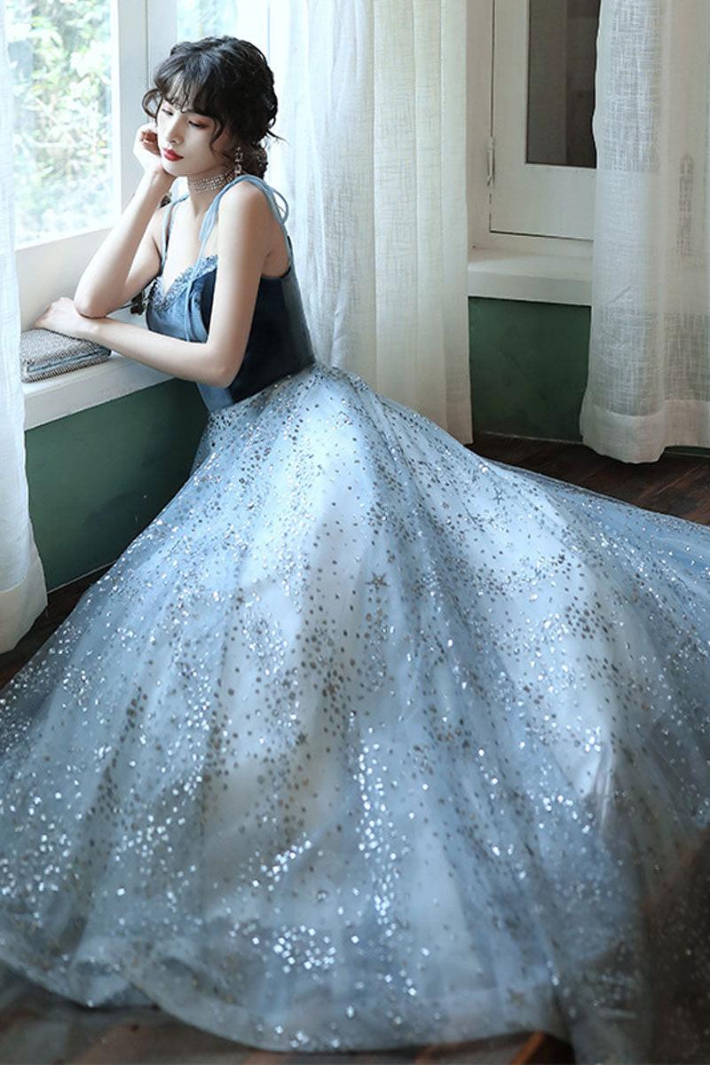 A Line Tulle Sequin Long Blue Velvet Formal Dress Christmas Party Dress