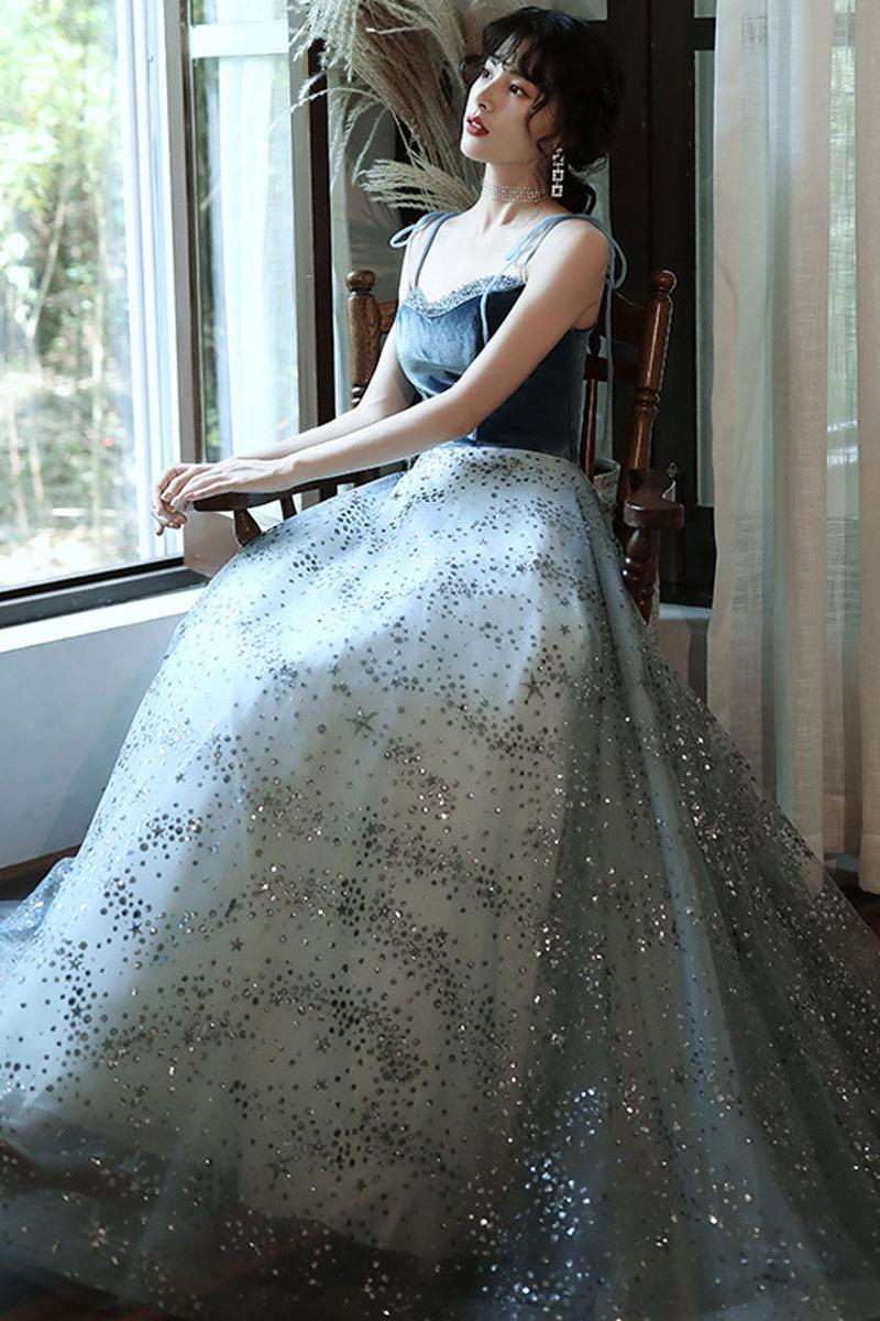 A Line Tulle Sequin Long Blue Velvet Formal Dress Christmas Party Dress