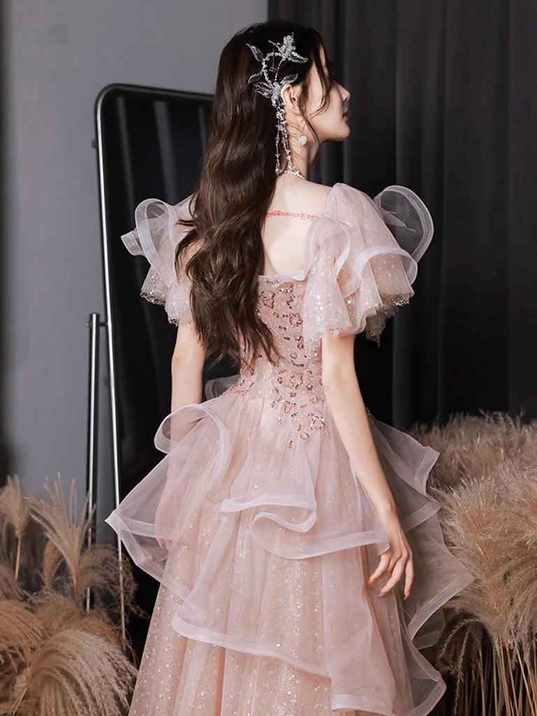 A Line Tulle Sequin Pink Prom Dress Long Shiny Evening Dress