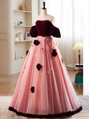 A Line Tulle Velvet Pink/Burgundy Prom Dress Long Formal Gown Evening Dress