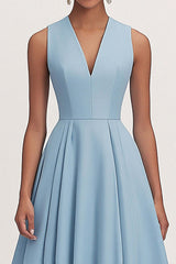 A Line V Neck Blue Wedding Guest Dress Tea Length Formal Dress