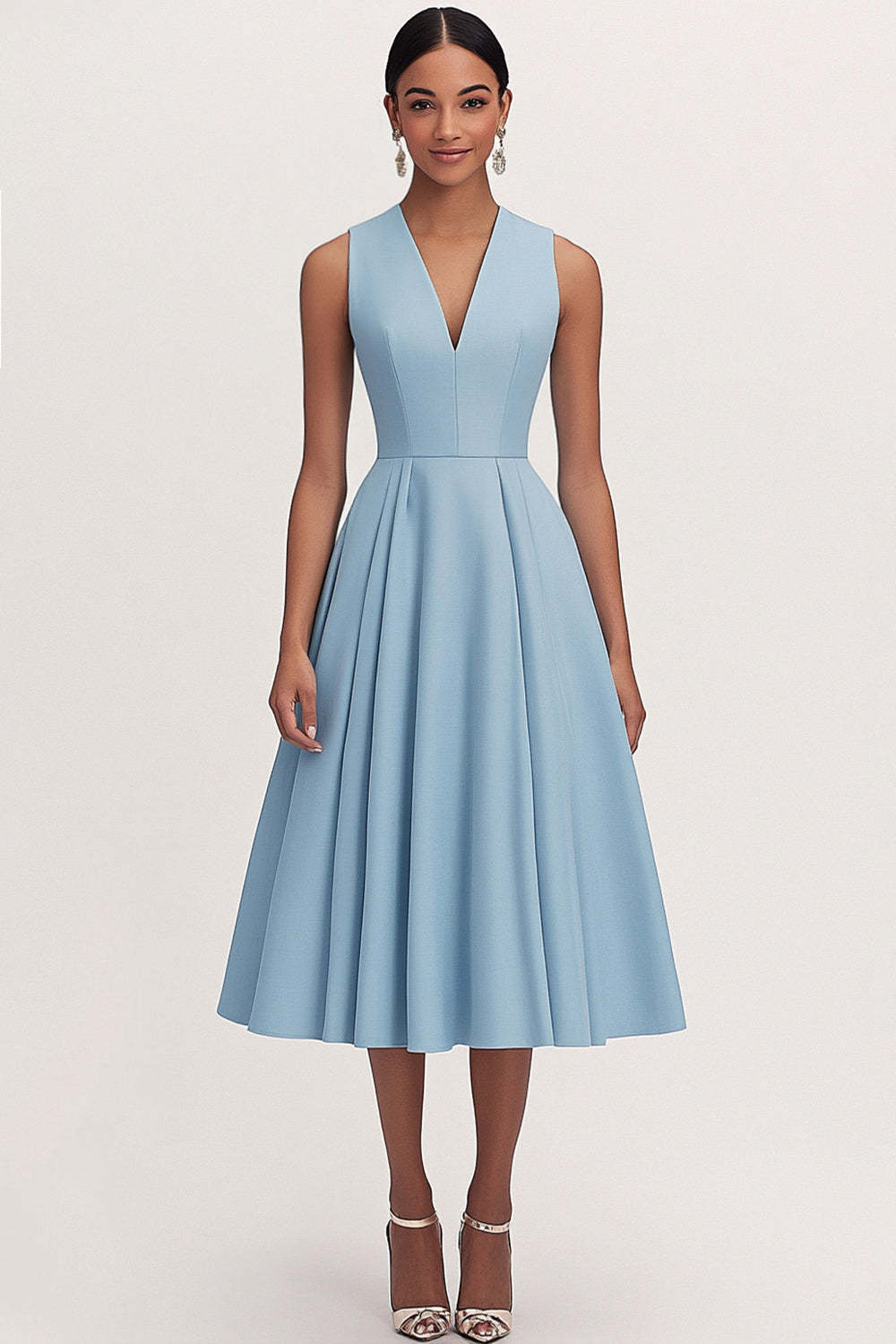 A Line V Neck Blue Wedding Guest Dress Tea Length Formal Dress