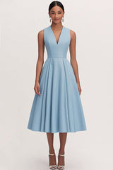 A Line V Neck Blue Wedding Guest Dress Tea Length Formal Dress