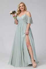 A-Line V-Neck Chiffon Long Plus Size Bridesmaid Dresses With Split Side & Spaghetti Straps