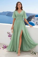 A-Line V-Neck Half Sleeves Chiffon Bridesmaid Dresses With Pockets