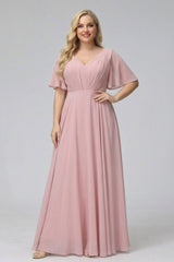 A-Line V-Neck Half Sleeves Long Chiffon Plus Size Bridesmaid Dresses With Ruffles Pockets