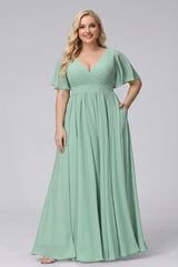A-Line V-Neck Half Sleeves Long Chiffon Plus Size Bridesmaid Dresses with Ruffles Split Side Pockets