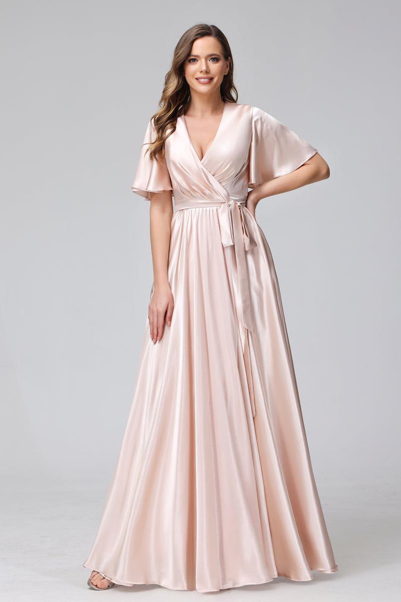 A-Line V-Neck Half Sleeves Long Silk Satin Bridesmaid Dresses With Ruffles Split Side