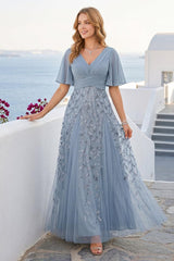 A-Line V-Neck Half Sleeves Split Side Chiffon Bridesmaid Dresses With Appliques