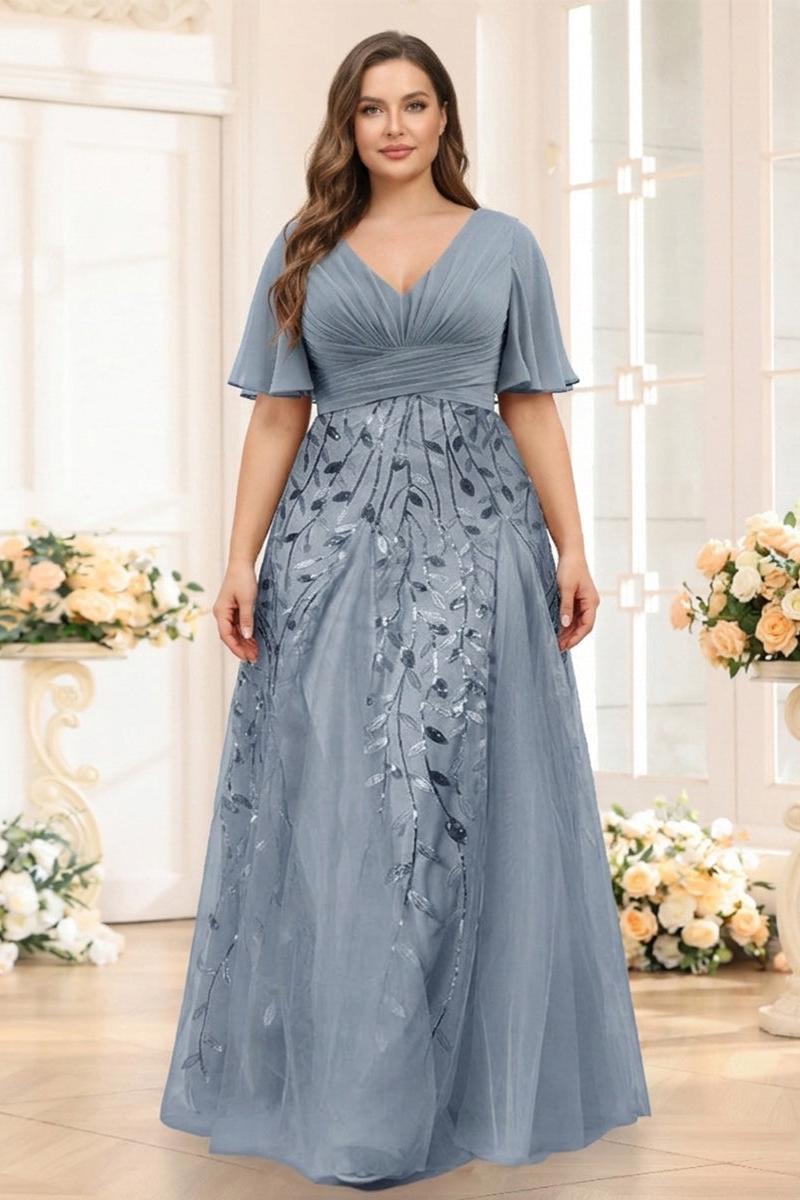 A-Line V-Neck Half Sleeves Split Side Chiffon Plus Size Bridesmaid Dresses With Appliques