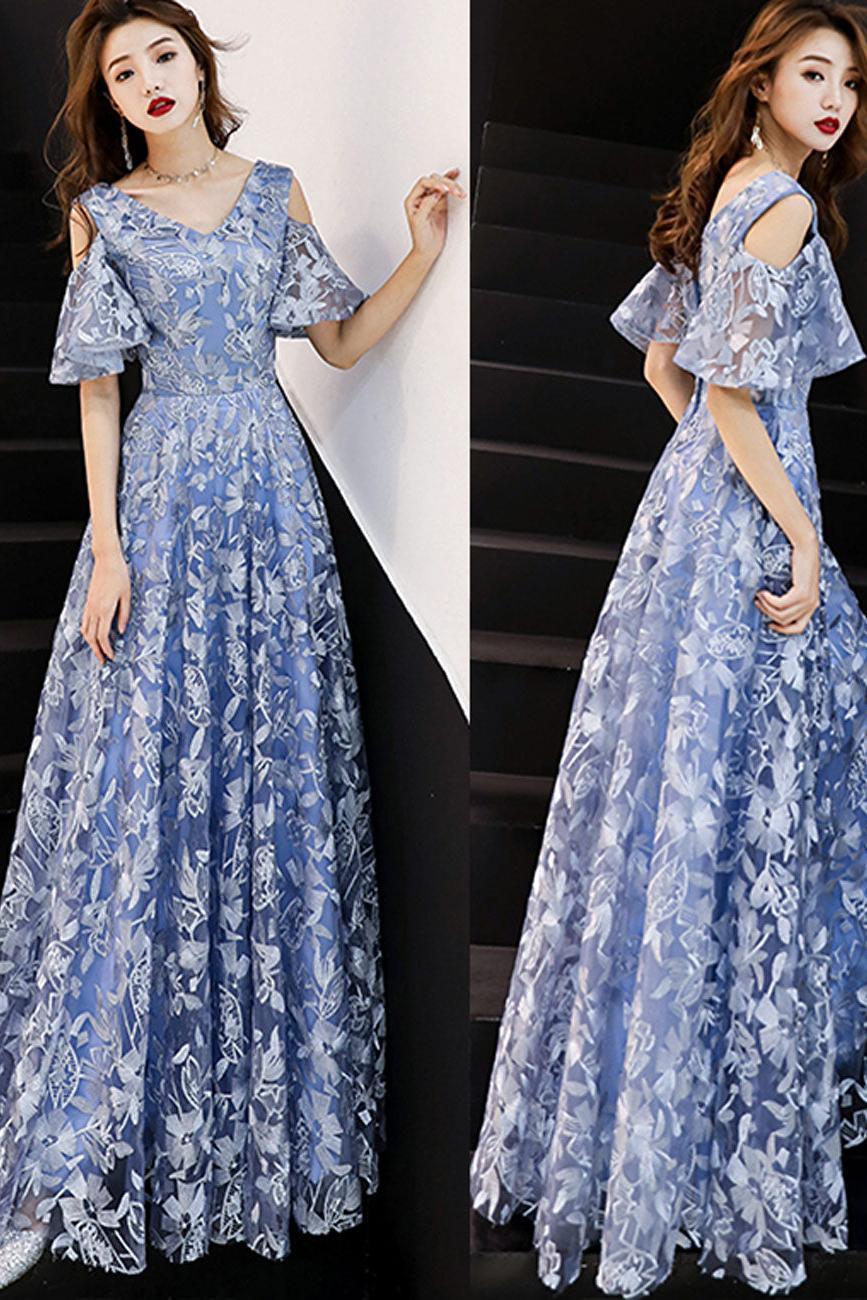 A Line V Neck Lace Long Blue Prom Dress Formal Graduation Dress Formal Evening Dress