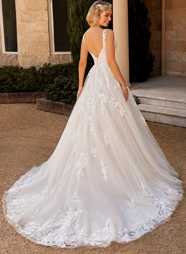 A Line V Neck Lace Wedding Dress