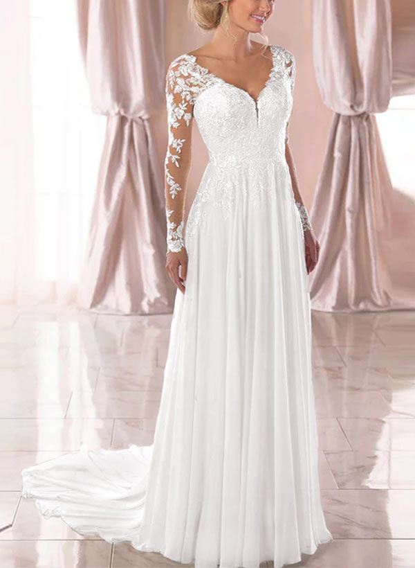 A Line V Neck Long Sleeves Chiffon Court Train Wedding Dress With Lace: