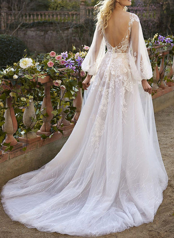 A Line V Neck Long Sleeves Lace Chapel Train Wedding Dress With Appliques Lace