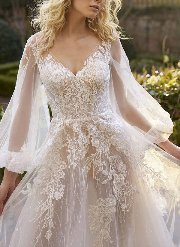 A Line V Neck Long Sleeves Lace Chapel Train Wedding Dress With Appliques Lace