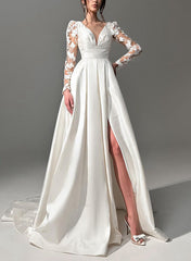 A Line V Neck Long Sleeves Lace/Satin Wedding Dress With Split Front