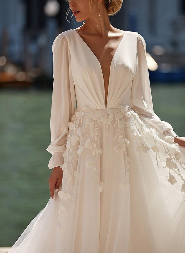 A Line V Neck Long Sleeves Organza Wedding Dress With Lace Appliques