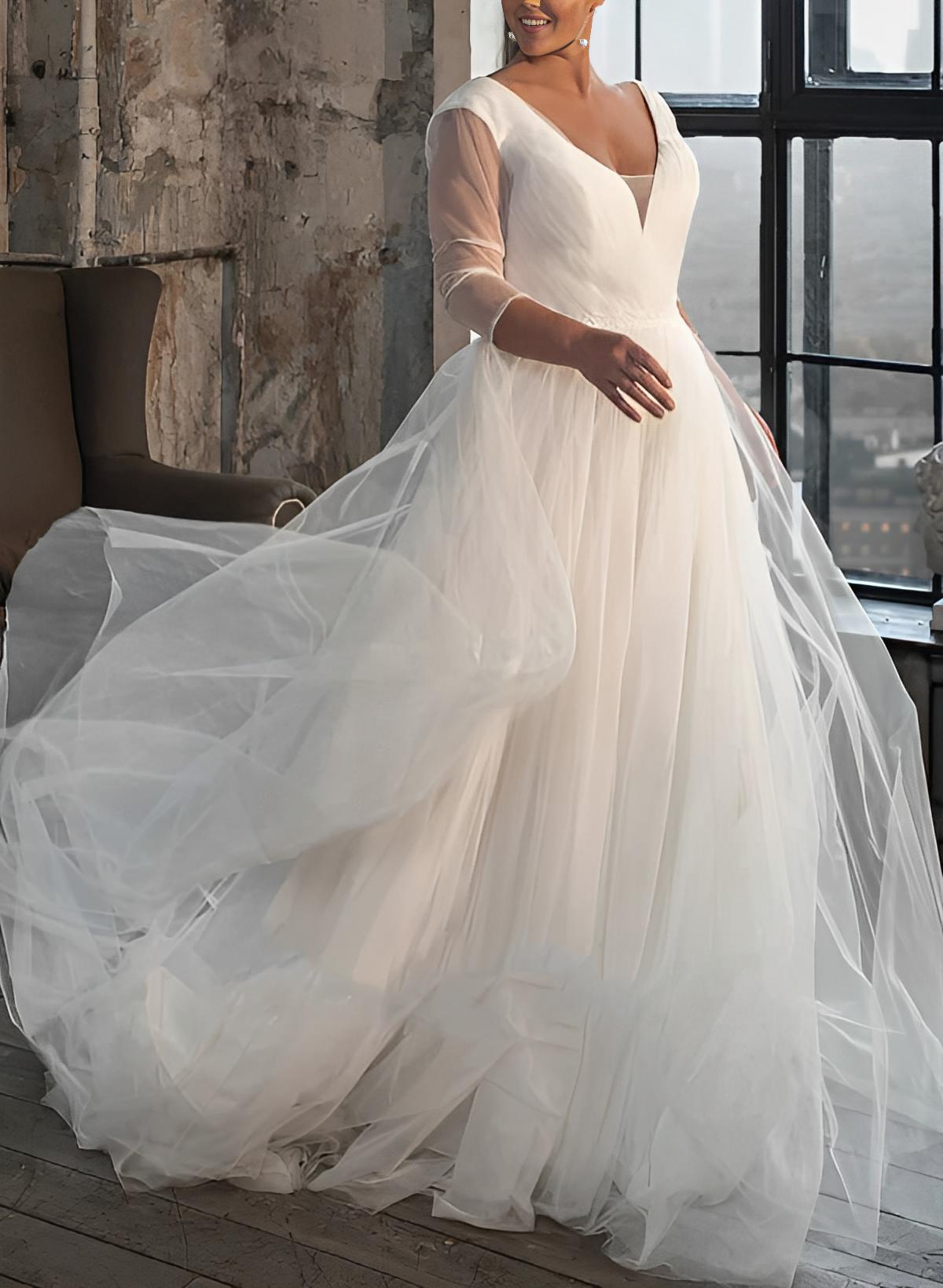 A Line V Neck Long Sleeves Sweep Train Tulle Wedding Dress for Plus Size
