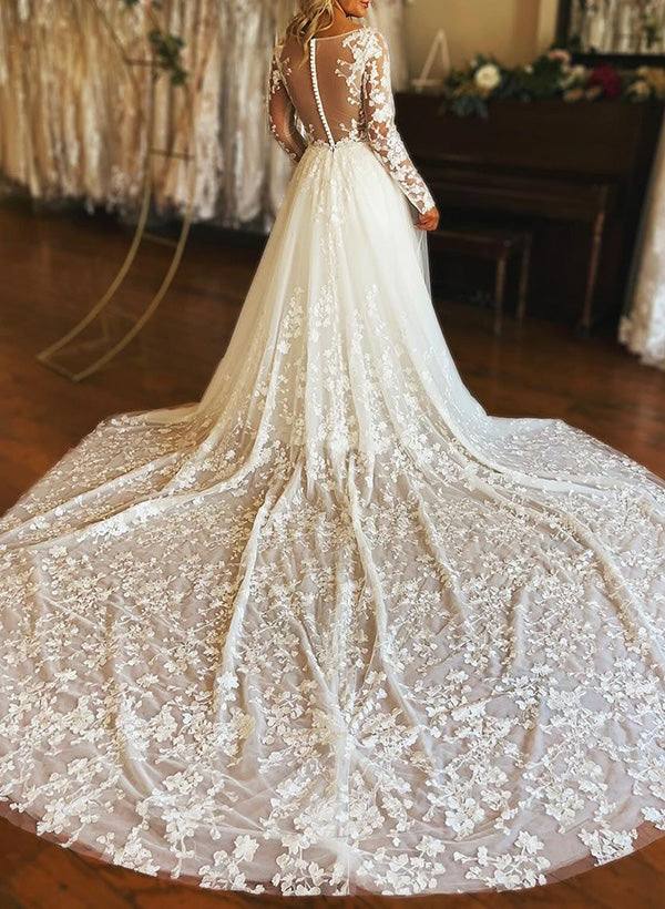 A Line V Neck Long Sleeves Tulle Wedding Dress With Appliques Lace