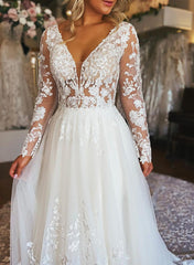 A Line V Neck Long Sleeves Tulle Wedding Dress With Appliques Lace