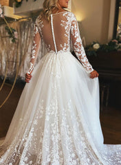 A Line V Neck Long Sleeves Tulle Wedding Dress With Appliques Lace