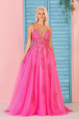 A Line V Neck Pink Prom Dress Lace Long Evening Dress