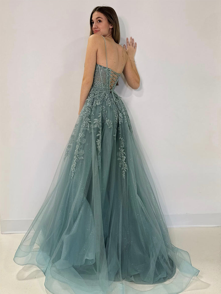 A Line V Neck Prom Dress Tulle Lace Gray Green Long Formal Gown Evening Dress