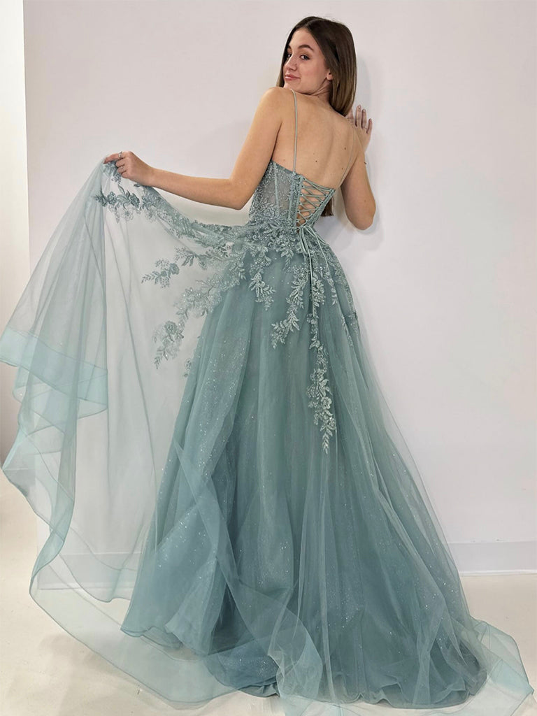 A Line V Neck Prom Dress Tulle Lace Gray Green Long Formal Gown Evening Dress