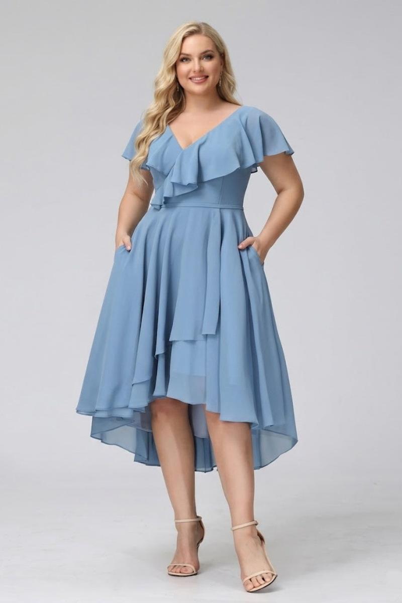 A-Line V-Neck Short Sleeves Asymmetrical Chiffon Plus Size Bridesmaid Dresses With Pockets